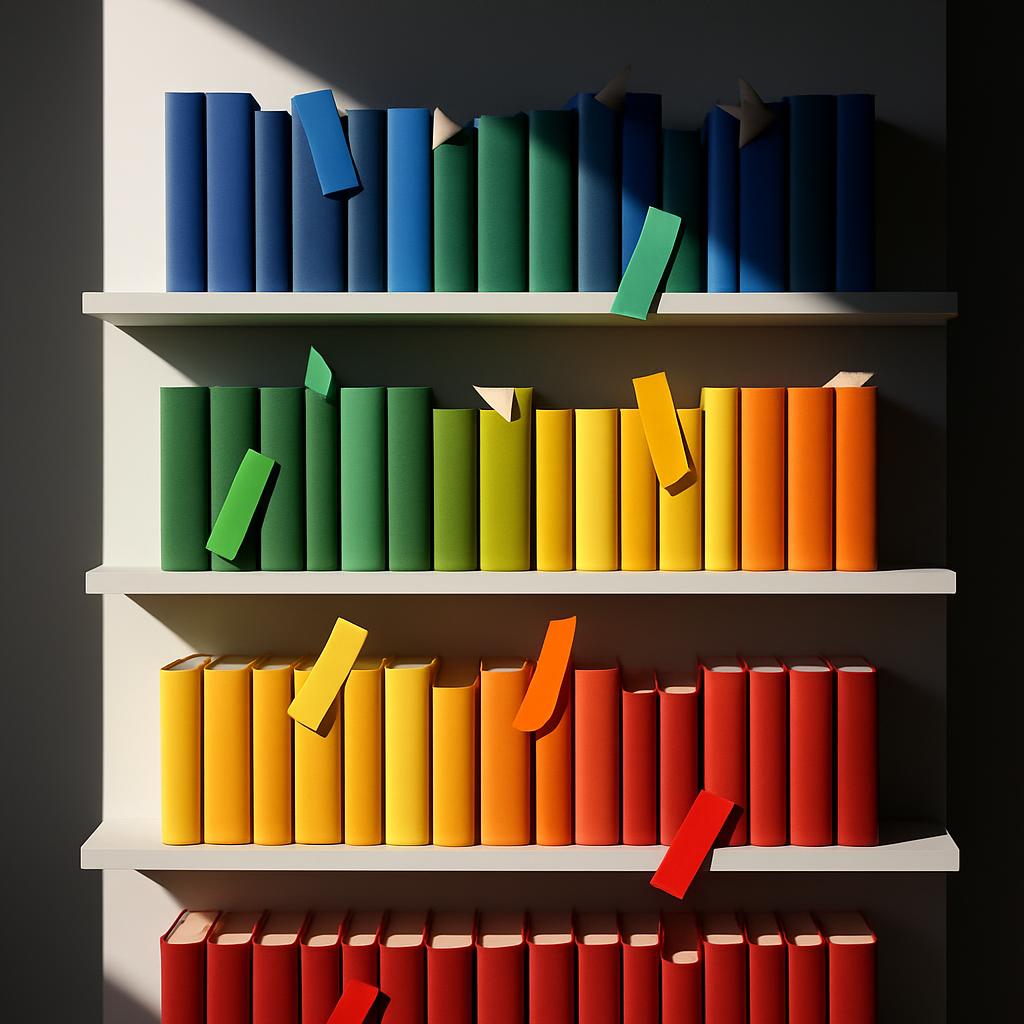 A 3D rendering of a bookshelf holding 4 horizontal shelves below, stacked with multitude of uniformly sized modern books i...