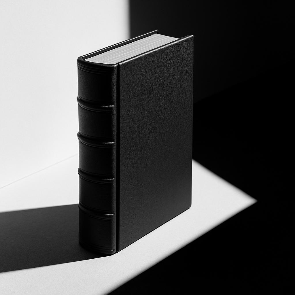 The image shows a black book with a rounded spine.